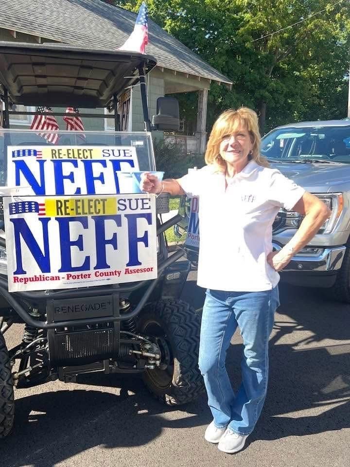 Sue with Re-elect Neff signs at the Valparaiso Popcorn Parade